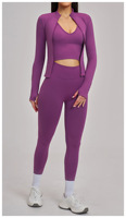 Ensemble 3 pièces de sport sans couture à dos croisé avec logo personnalisé, effet fessier galbé, comprenant veste, débardeur et leggings extensibles
