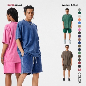 Ensemble short et t-shirt oversize pour <span class=keywords><strong>homme</strong></span>, <span class=keywords><strong>streetwear</strong></span> de haute qualité, 100% coton, lavage personnalisé, été - Product Image 1