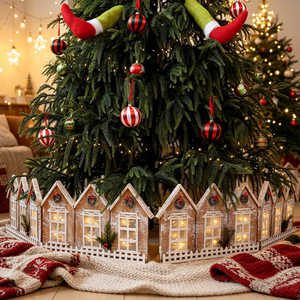 3D <b>Lighted</b> Collapsible Christmas Tree <b>Fence</b>, Wooden House Tree Skirt for Christmas Tree Base Decoration - Product Image 2