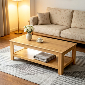 Table basse moderne en bois massif avec étagère de rangement, meubles de salon scandinaves, finition naturelle, table d'appoint basse - Product Image 1