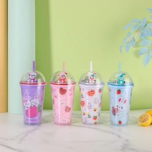 Cute 450ml Fruit Bunny Bear Pattern Double Wall <b>Plastic</b> <b>Straw</b> Cup with Silver Glitter Decor Dome Lid for Kawaii Girls Daily - Product Image 6