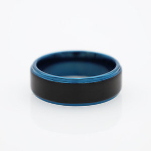 Tungsten Steel Ring Matte Black Blue <b>Brushed</b> Men's Wedding Band Geometric <b>Round</b> Design - Product Image 2