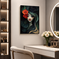 Toile murale avec portrait de femme en effet 3D, art moderne avec rose rouge, peinture sur toile élégante pour la décoration de la maison
