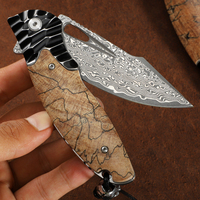 Couteau pliant à lame en acier Damas et manche en bois stabilisé pour la survie tactique en extérieur