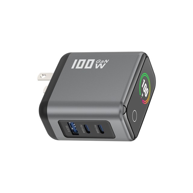 US Plug GaN 100W Wall Charger PD Fast Charging 2 Type-C 1 USB-A with TFT Digital Smart Display Adapter for Phone Tablet Laptop