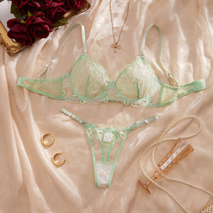 Completo <span class=keywords><strong>Intimo</strong></span> Donna 2 Pezzi XL Verde Ricamo Floreale in Rete Trasparente con Perizoma e Reggiseno Push-up con Ferretto - Sexy ed <span class=keywords><strong>Elegante</strong></span> - Product Image 1