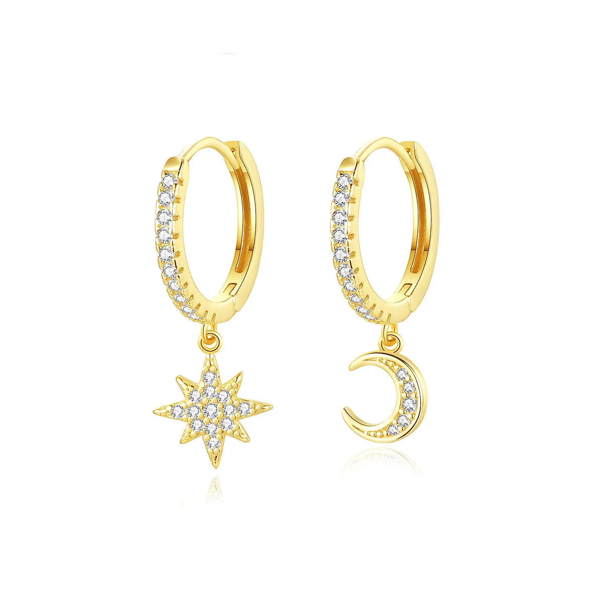 New fashion ear jewelry 925 sterling silver charm dangle drop asymmetric star and moon hoop earrings
