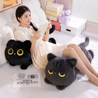 Coussin long en peluche chat noir et gris avec logo personnalisé, jouet en peluche chaton aux grands yeux, poupée animale en peluche, coussin de lit et de canapé, cadeau