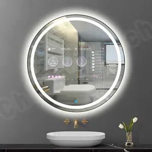 Miroir TV de salle de bain d'hôtel rond moderne avec affichage de lumière LED vanité