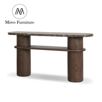 Table console moderne en bois avec plateau en marbre, table d'entrée ovale en pierre, pieds cylindriques épais, étagère console pour canapé, couloir, hall d'entrée