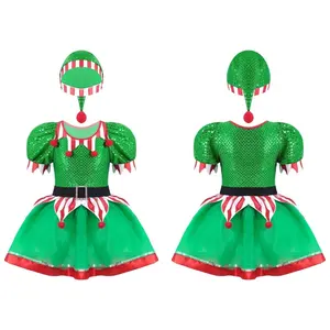 ชุดเด็กสีเขียวปักเลื่อมคริสต์มาส,ชุดคอสเพลย์เอลฟ์ชุด Tutu สำหรับเด็กผู้หญิง