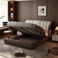 Luxuriöses Bett im Italienischen Stil aus Echtem Leder Modernes Schlafzimmermöbel Kingsize Gepolstertes Doppelbett mit Metallakzenten