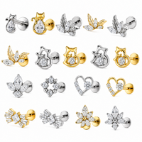 Set Perhiasan Tindik Titanium ASTM F136 Berbagai Macam CZ Flat Back Labret Stud Earrings Bentuk Daun Kucing, Hati, Bunga untuk Cartilage, Helix, Tragus