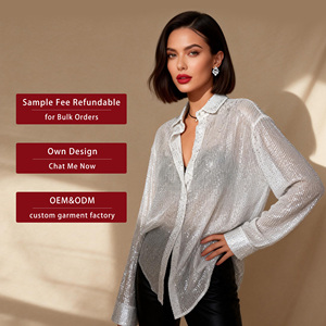 Dropshipping Women's <strong>Silver</strong> Sequin Button Down Shirt V Neck Lapel Party Club <strong>Sparkle</strong> Shiny Glitter Casual Tunic <strong>Tops</strong> - Product Image 1