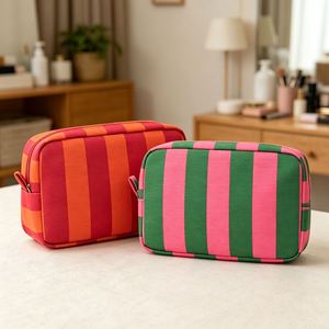 Bolsa de Maquillaje Cuadrada de Pana a Rayas, Simple y Moderna, de Gran Capacidad, Portátil para Viajes - Product Image 4