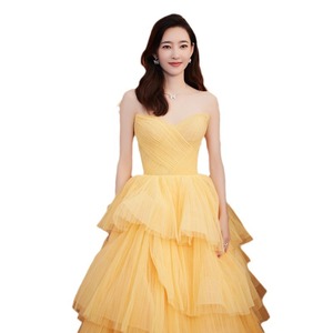 Yellow Ball Gown Sweetheart Neckline Empire Waist Mesh Layered Skirt Evening Dress For Art Exams Runway Princess Style - Product Image 5