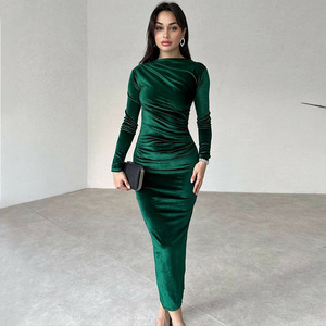 Abito Elegante <span class=keywords><strong>da</strong></span> Festa Primavera Estate Vestito Formale <span class=keywords><strong>da</strong></span> Donna Manica Lunga in Velluto Verde - Product Image 2