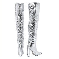 Bottes pour femmes en cuir argenté imprimé, au-dessus du genou, fabrication exquise, personnalisables, talon bloc, chaussures de soirée scintillantes