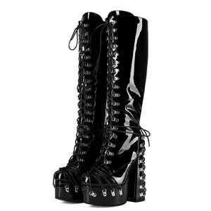 Bottes hautes à lacets en cuir verni pour femme, coupe large, avec boucles métalliques, plateforme épaisse et talons robustes, grandes tailles jusqu'au 47 - Product Image 4