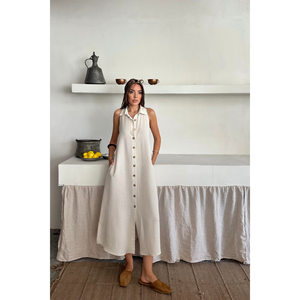 Vestido de Lino sin Mangas con Cuello Camisero, Blanco, Casual, Largo Midi, Vestido de Verano para Mujer - Product Image 4