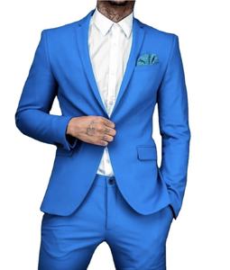 Klasik mavi çentikli yaka erkek takım elbise 2 adet ceket + pantolon bir düğme Slim Fit iş resmi smokin balo adam blazer - Product Image 1