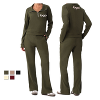 Ensemble deux pièces sportif pour femme en tissu gaufré uni, avec col à revers et demi-fermeture éclair, coupe ample et pantalon large décontracté pour l'hiver