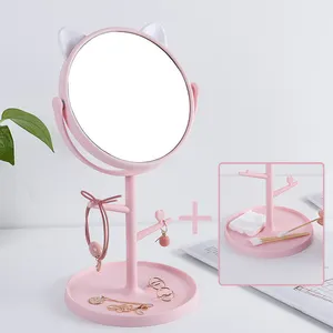 منضدية لطيف القط على شكل الوردي مرآة دائرية فتاة مرآة تجميل مع لمبة ليد حاملات القرط