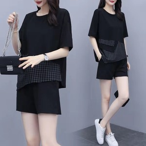Women's Casual Two Piece Set Black Plaid Short Sleeve Knitted Breathable Shorts Suit JN-8632 - Product Image 1