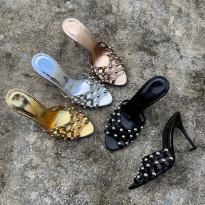 Mules da Donna Personalizzabili con <span class=keywords><strong>Tacco</strong></span> <span class=keywords><strong>a</strong></span> <span class=keywords><strong>Spillo</strong></span>, Punta Aperta, Rivetti e Rete Traforata in PU, Disponibili in Vari Colori - Product Image 1