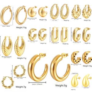 38 modèles de tubes ronds géométriques plaqué or véritable 18 carats boucles d'oreilles créoles épaisses hypoallergéniques sans ternissement en acier inoxydable vente en gros - Product Image 3