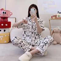 Piyama Kerah Wanita, Baju Tidur Wanita Ukuran Besar Musim Panas Motif Bunga dengan Kancing Kartun