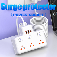 Multiprise thaïlandaise avec protection contre les surtensions, 3 prises individuelles avec interrupteurs, cordon de 2 m, charge rapide USB Type C PD20W