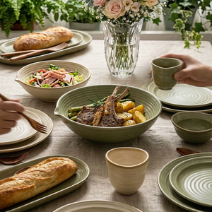 Vajilla de Cerámica Rústica de Estilo Natural, Tazón de Cerámica Texturizado Hecho a Mano con Boquilla para Servir, para Ensaladas, Filetes, Pasta, Cocina, Restaurante - Product Image 3