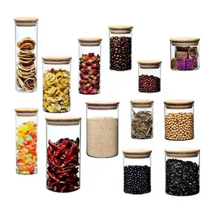 8.5cm 12pcs Set Alta Hermético Cozinha Food Storage Container Organizadores Vidro Spice Jar com Tampas De Bambu