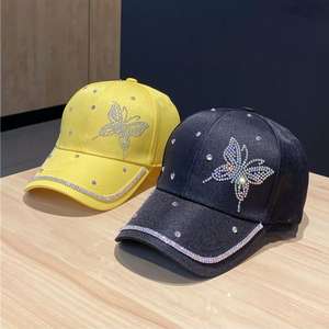 Casquette de baseball 7 panneaux pour femme avec strass papillon, respirante, imperméable, en toile, protection solaire, toutes saisons, jaune, noir, blanc - Product Image 2