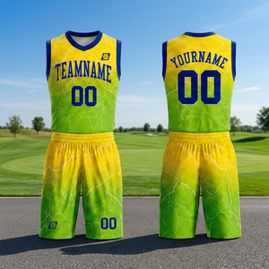 Conjunto de Uniforme de Baloncesto Sublimado Personalizado, 100% Poliéster, Cintura Elástica, Patrón de Mármol Amarillo y Verde, Sin Mangas, Cuello en V, Absorbe la Humedad - Product Image 5