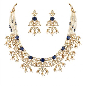 Traditional Blue Stone Kundan Necklace Gold Bridal Jewelry with Earrings Diamond Accents for Women Wedding Jewelry - Product Image 1