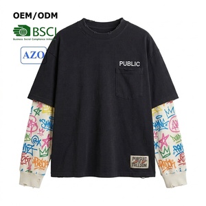 OEM Customized High-end Spray Paint Color Blocked Distressed T-shirts Flat Embroidery Double-Layer Long Sleeved T-shirt for Men - Product Image 1