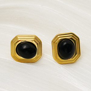 Geometric Stud Earrings Gold Black Stone Bezel Setting Party Fashion Jewelry Stainless Steel Octagonal Design - Product Image 4