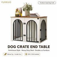 FURRIVO Meuble de luxe pour chien, table d'appoint, dessus en bois style ferme, cage en acier robuste, double porte latérale, écologique