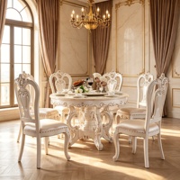 Französisches Luxus-Esszimmer-Set mit Rundem Marmortisch, Handgeschnitzten Massivholz-Lederstühlen und Drehbarem Esstisch