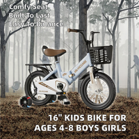 Bicicleta Infantil de 16 Pulgadas con Cuadro de Aleación de Aluminio, Frenos de Línea, Pedales Ordinarios, Una Velocidad, Ruedas de Entrenamiento, Suspensión Delantera/Trasera, Plástico