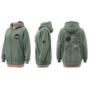 Sudadera con Capucha Verde Personalizada con Cierre, Unisex, Estampado Floral, Bolsillo, Informal, Otoñal, Oversize, Ecológica, 370g, Felpa de Algodón - Product Image 1