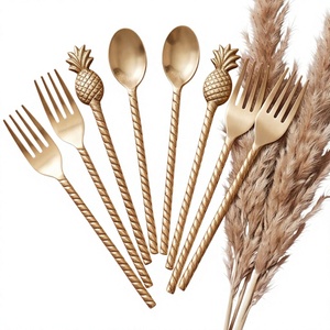 Ensemble de couverts élégants en or avec poignée ananas, finition mate, design original, pour fêtes et événements, ensemble de fourchettes et cuillères en métal pour mariages. - Product Image 1