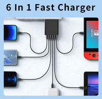 Chargeur GaN PD 65W HNT 6 ports USB-C à charge rapide, bloc de charge portable compatible avec iPhone Samsung Galaxy S25