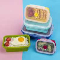 Boîte à bento carrée pliable, ensemble de 4 pièces, base en silicone de qualité alimentaire + couvercles hermétiques en PP, empilable, portable, chauffable, boîte de conservation des aliments