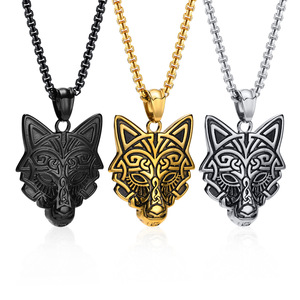 Stainless Steel Wolf Head Pendant Gold Black Men's Necklace Jewelry