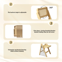 Chaise de salle à manger pliable scandinave en rotin, en bois d'hévéa massif, avec assise en osier tressé, style café-bistro français pour la maison