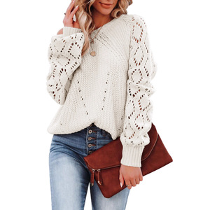 Suéter de Punto de Manga Larga con Cuello Redondo para Mujer, Tallas Grandes, Diseño de Encaje Calado, Color Sólido, Estilo Casual para Otoño e Invierno, Dropshipping Shopify - Product Image 2