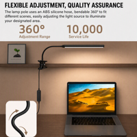 Lampe de bureau LED contemporaine à col flexible, commande par bouton-poussoir, construction métallique, luminosité et température de couleur réglables